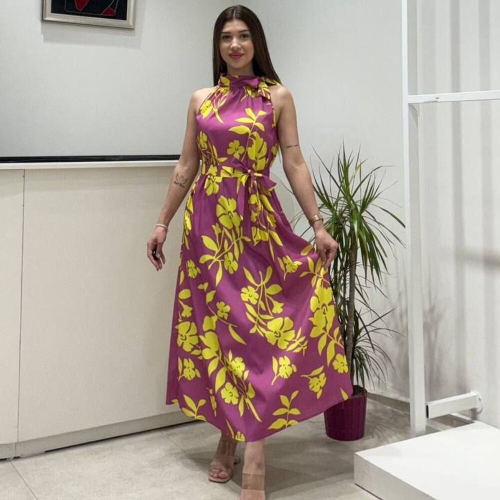 Long Floral Maxi Dress Candlestick Collar Tie Detail and Pockets - S, M, L, XL